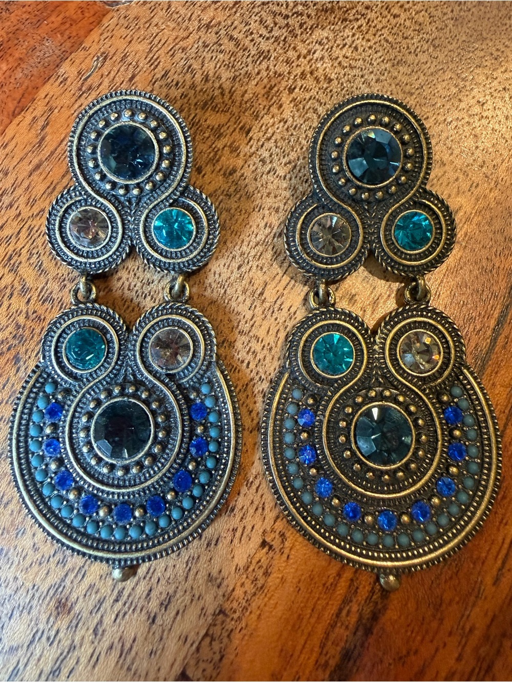 Antique Gold Teal & Royal Blue Drop Earrings